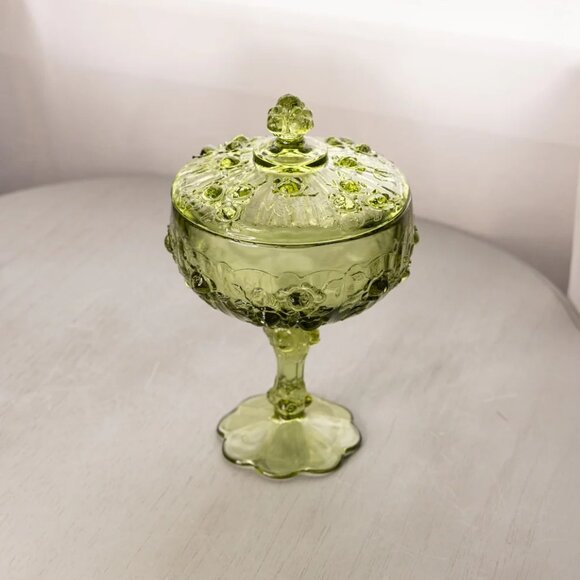 Vintage Fenton Green Glass Rose Floral Lidded Compote